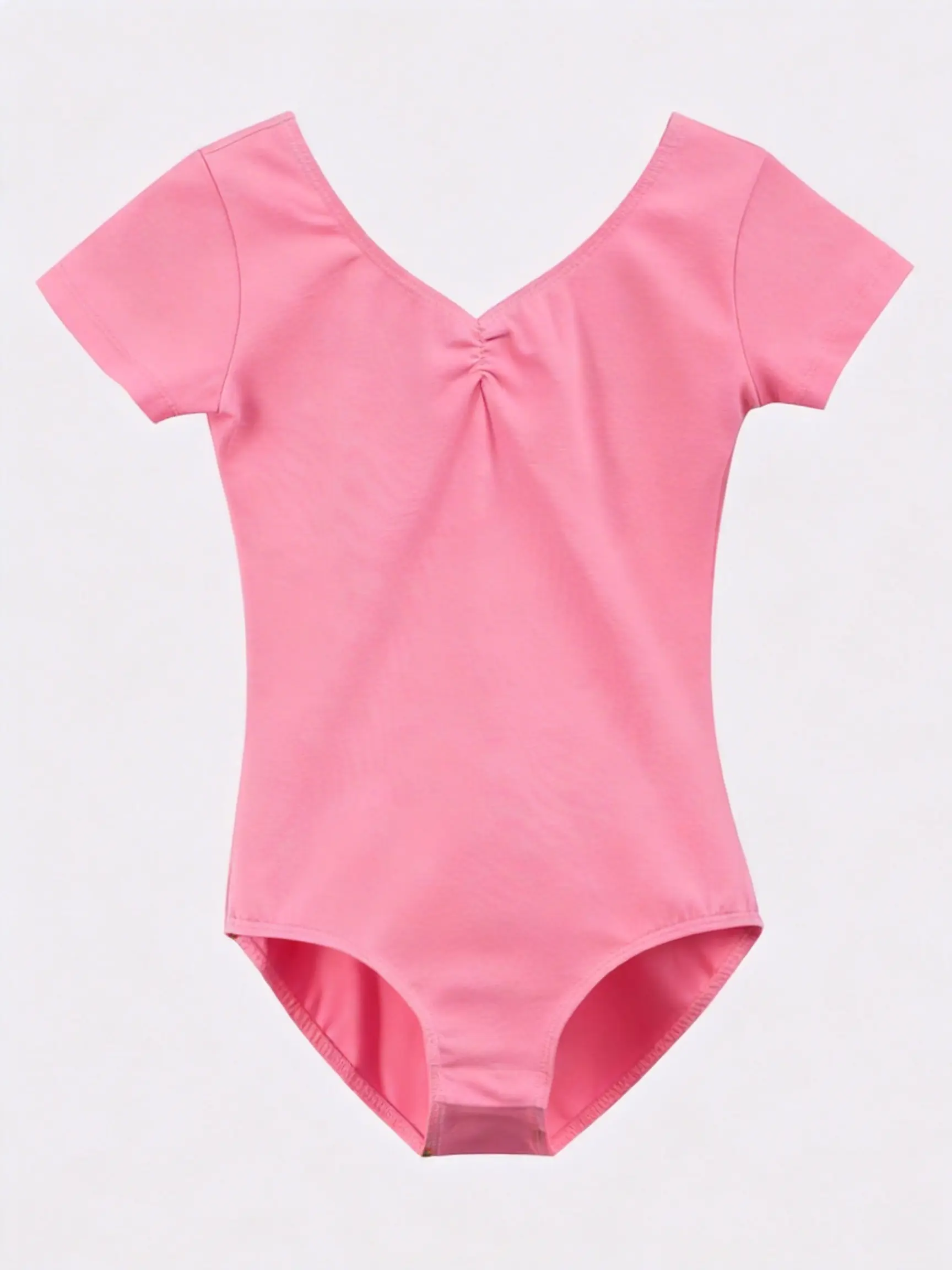 Girls' Short-Sleeve V-Neck Dance Leotard in Soft Cotton, Pink Ballet Practice Wear, Ages 4 - 5 Years, Split