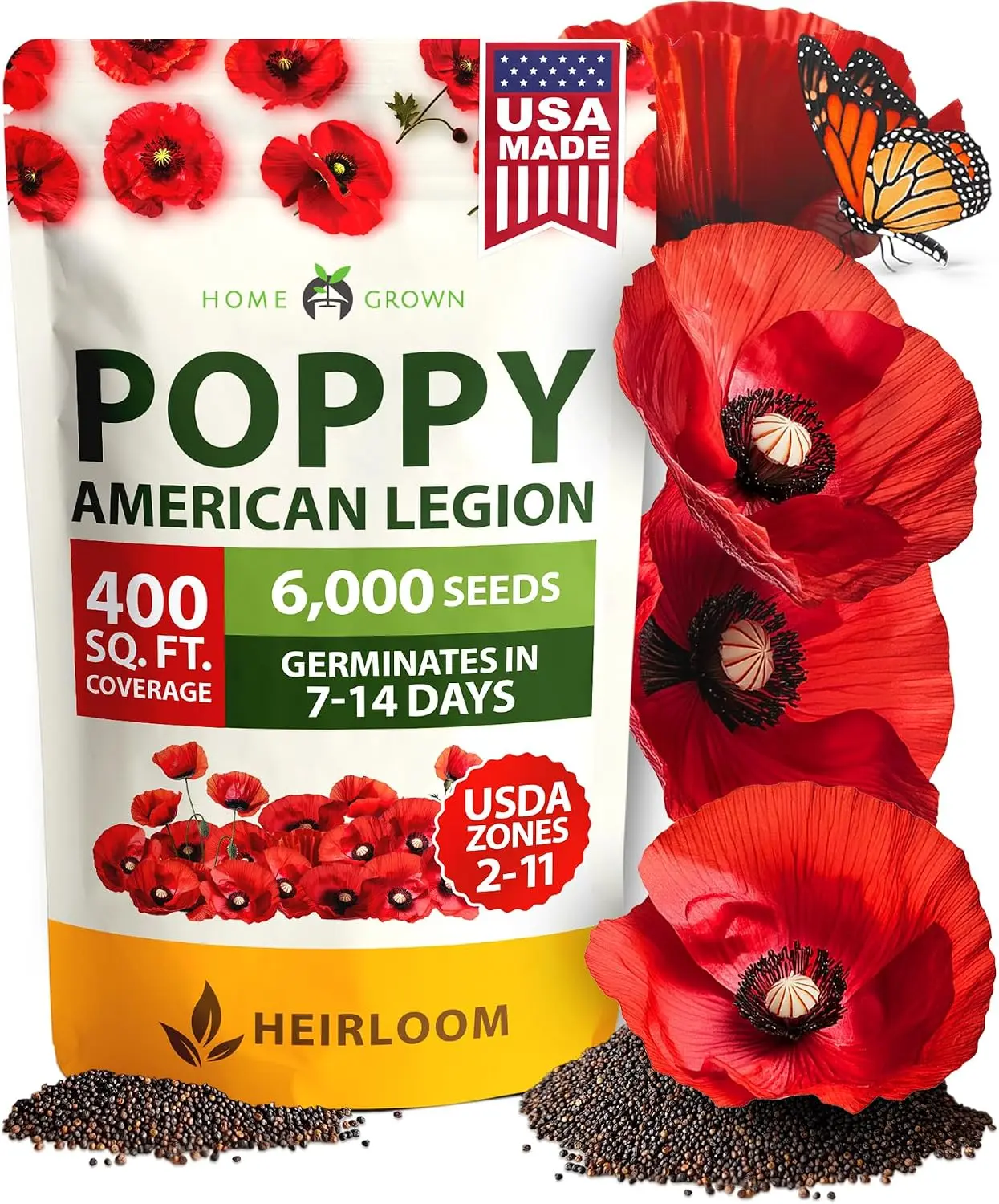 Home Grown American Legion Poppy Flower Seed Pack - 6000 Heirloom Seeds Inside, Full Sun, Fast Growth, 7-14 Day Quick Germination, Bold Colors, Covers 3000 Sq Ft, Beginner-Friendly, Zones 2-11 Grow, USDA Approved, Outdoor Home Planting