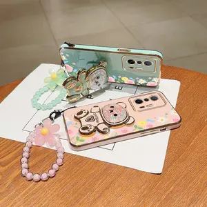 MI11T Pro Durable PC Fashion Strap Lanyard Phone Holder Case For Compatible With Xiaomi Mi 11T Pro Floral Embellished Cute Bear Stand Cover