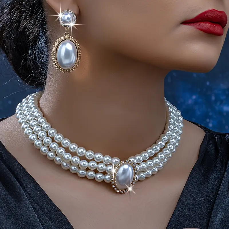 Women's Fashion Bead Necklace Jewelry Sets - Retro Multi-Strand Artificial Pearl Bundle Jewelry Set with Earrings for Parties, Daily Wear