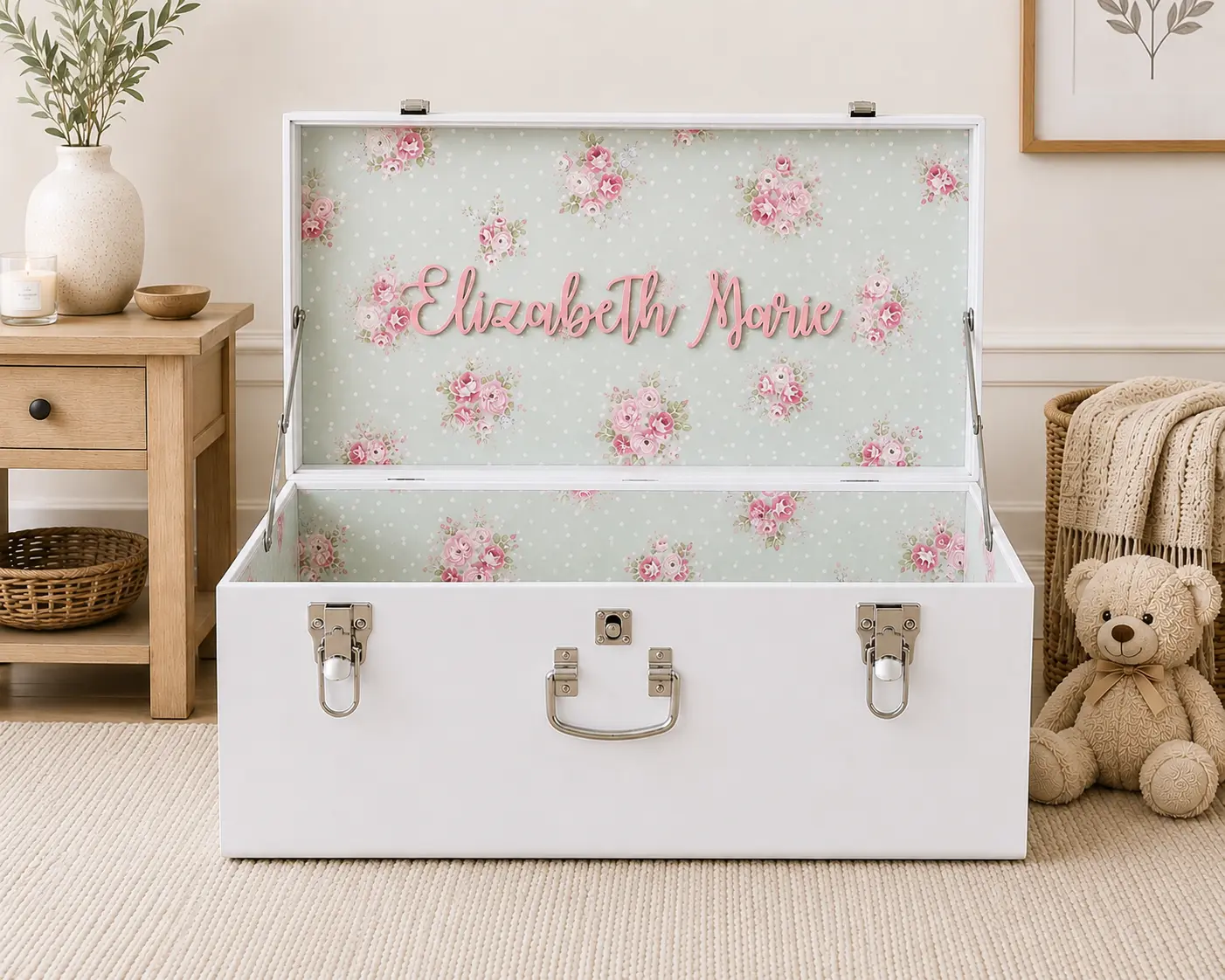 Metal Keepsake Trunk Box Baby Shower Wedding Bride Large Medium Storage Container Organizer Organization Home Decor Nursery Kids Children Lined Gold Detailing