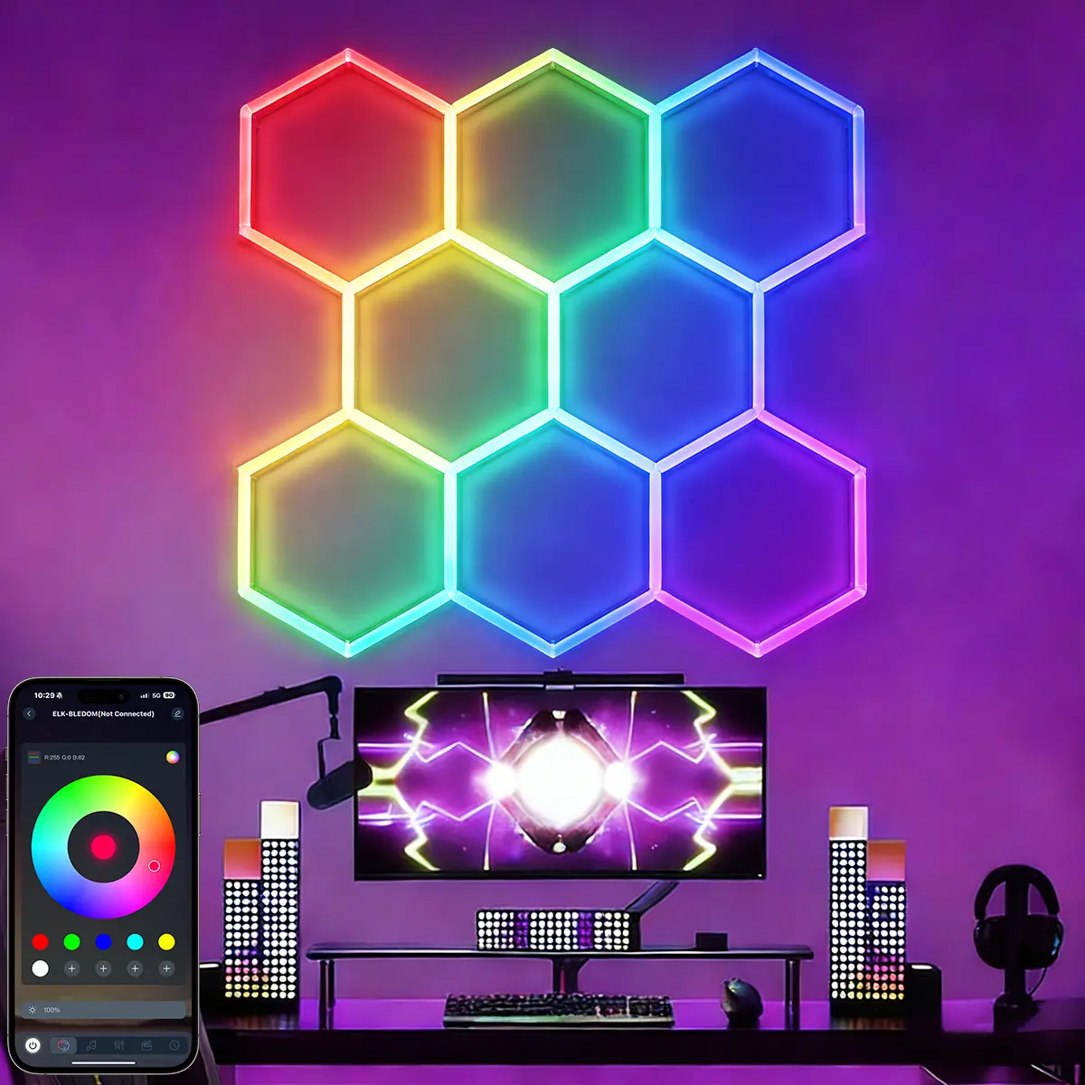 RGB Hexagon Lights with Remote, Music Sync Mode & 358+ Colors, 8 Grid ...
