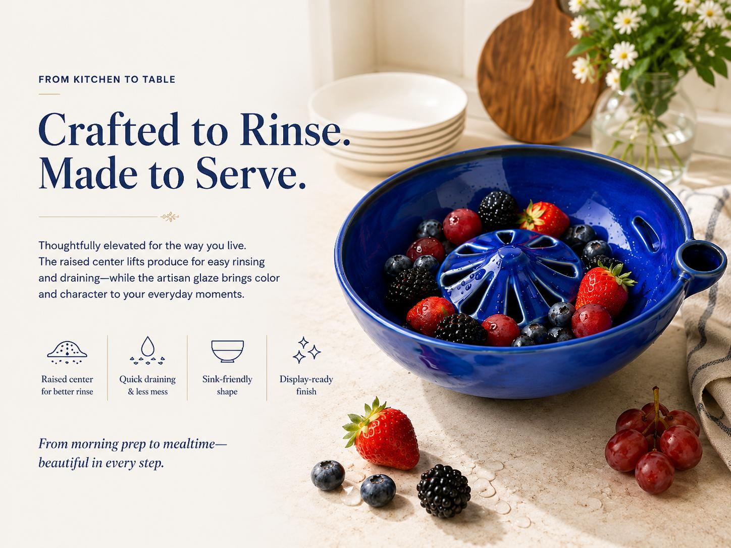wowsome Self-Spinning Berry Washing Bowl,Glazed Ceramic Berry Bowl with Raised Center and Drainage Holes,Fruit Rinse Colander for Strawberries,Blueberries,Grapes,Cherry Tomatoes and Small Produce