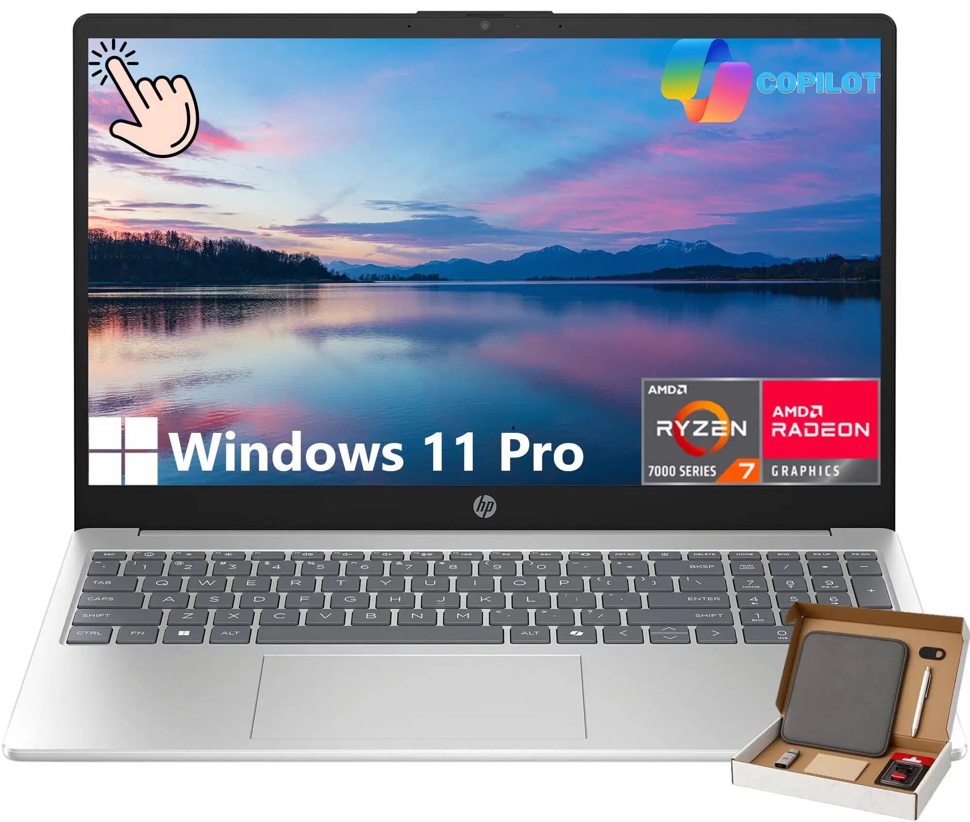 HP 15.6 inch FHD IPS Touch Laptop, AMD Ryzen 7 7730U, 16GB RAM 512GB SSD, Windows 11 Pro, Natural Silver