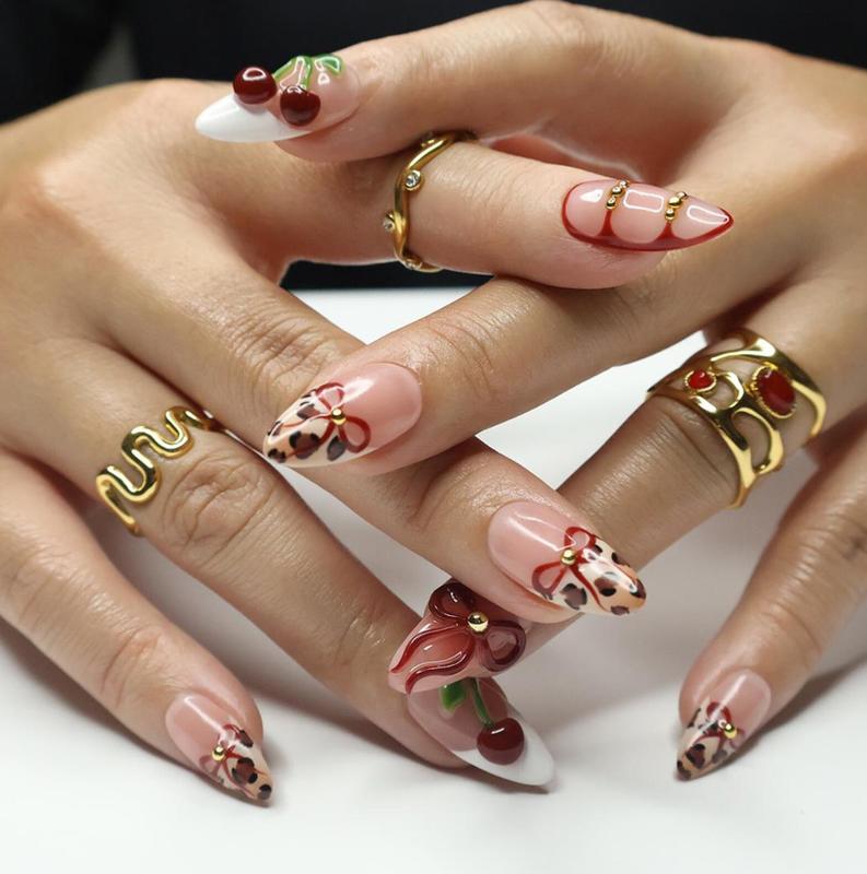 Press On Nails Wild Cherry Leopard | 3D Bow & Cherry Accents in Medium Almond | Handmade Bold Nail Art for Holiday, Party, Birthday