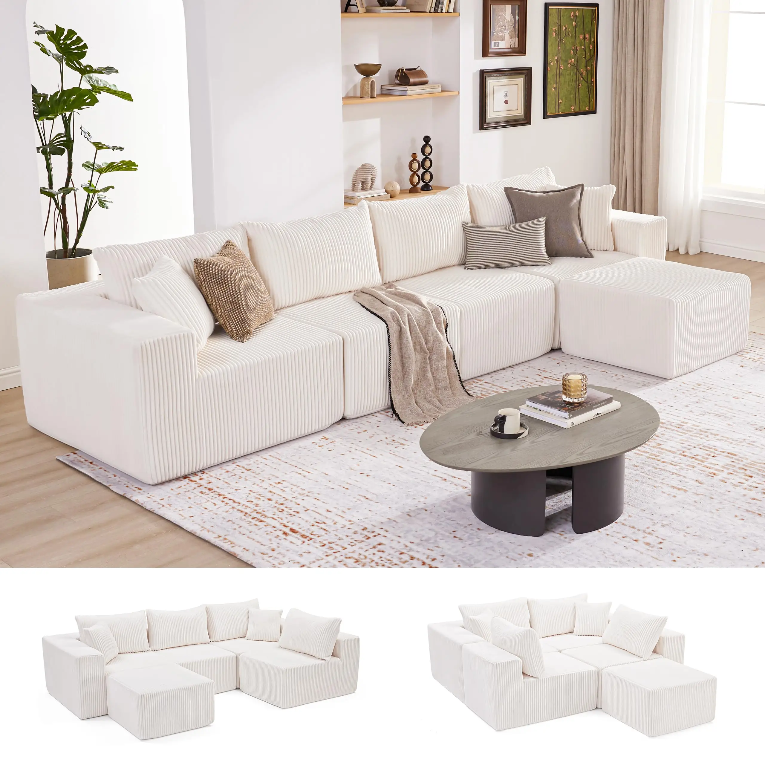 【3 packages shipping】135.4" Cloud Couch Sectional, Modular Sofa with Deep Seat, Plush Corduroy L Shaped Boneless Couch, Convertible Sectional Couches