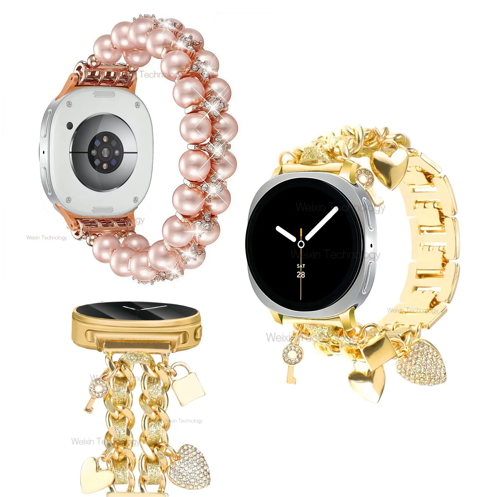 Pearl Bracelet for Samsung Galaxy Watch 8 40mm/44mm/8 Classic 46mm, Elastic Sparkling Diamond Jewelry Strap, Women/girls, Heart Chain Design
