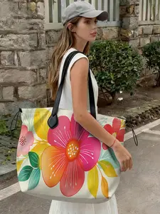 Floral Pattern Drawstring Tote Bag, Large Capacity Shopping Bag, Durable All Season Use, Perfect for Work, Shopping, Picnic