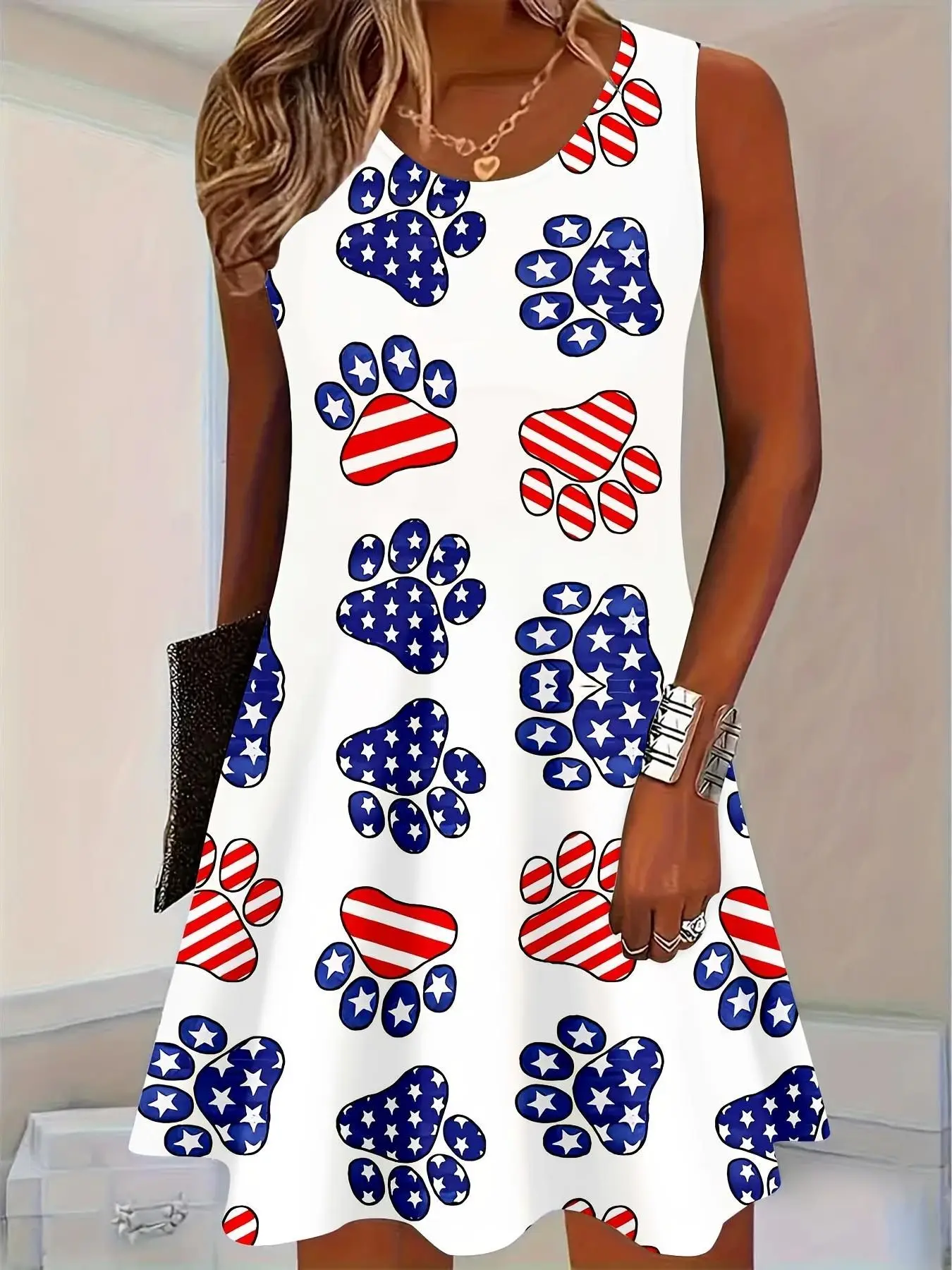 Sleeveless A Line Dress American Flag Paw Print Pattern Casual Summer Outfit for Women Patriotic Independence Day Celebration Wear beach vacation style solid long rave