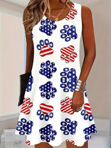 Sleeveless A Line Dress American Flag Paw Print Pattern Casual Summer Outfit for Women Patriotic Independence Day Celebration Wear beach vacation style