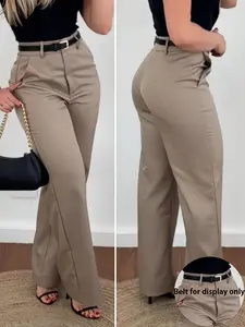 Women's Elegant Solid Color Straight Leg Casual Everyday Long Pants, Zipper Design, Loose Fit, High Waist, All Seasons