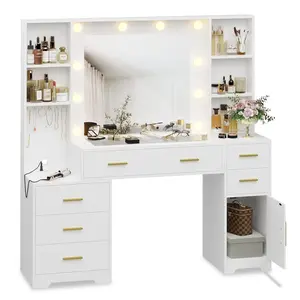 Sikaic 48.8 Inches LED Makeup Vanity with Mirror White Modern Black Vanity Table 6 Drawers Adjustable Shelf Gold Handle Waterproof Scratch Resistant
