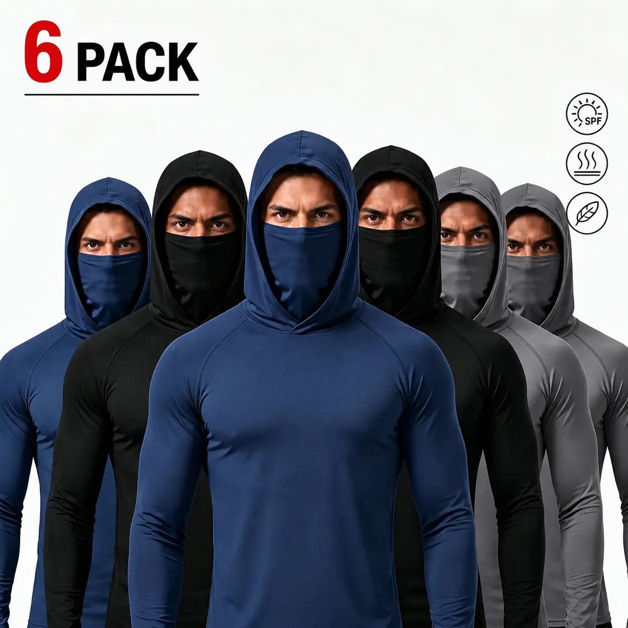 6-Pack Men's Premium Hooded Sportswear Shirts with Face Cover Protection, Long Sleeve Quick Dry Active Performance Tops for Outdoor Exercise, Hiking, Fishing, Trail Exploration, Gym Training, Landscaping and Casual Daily Wear