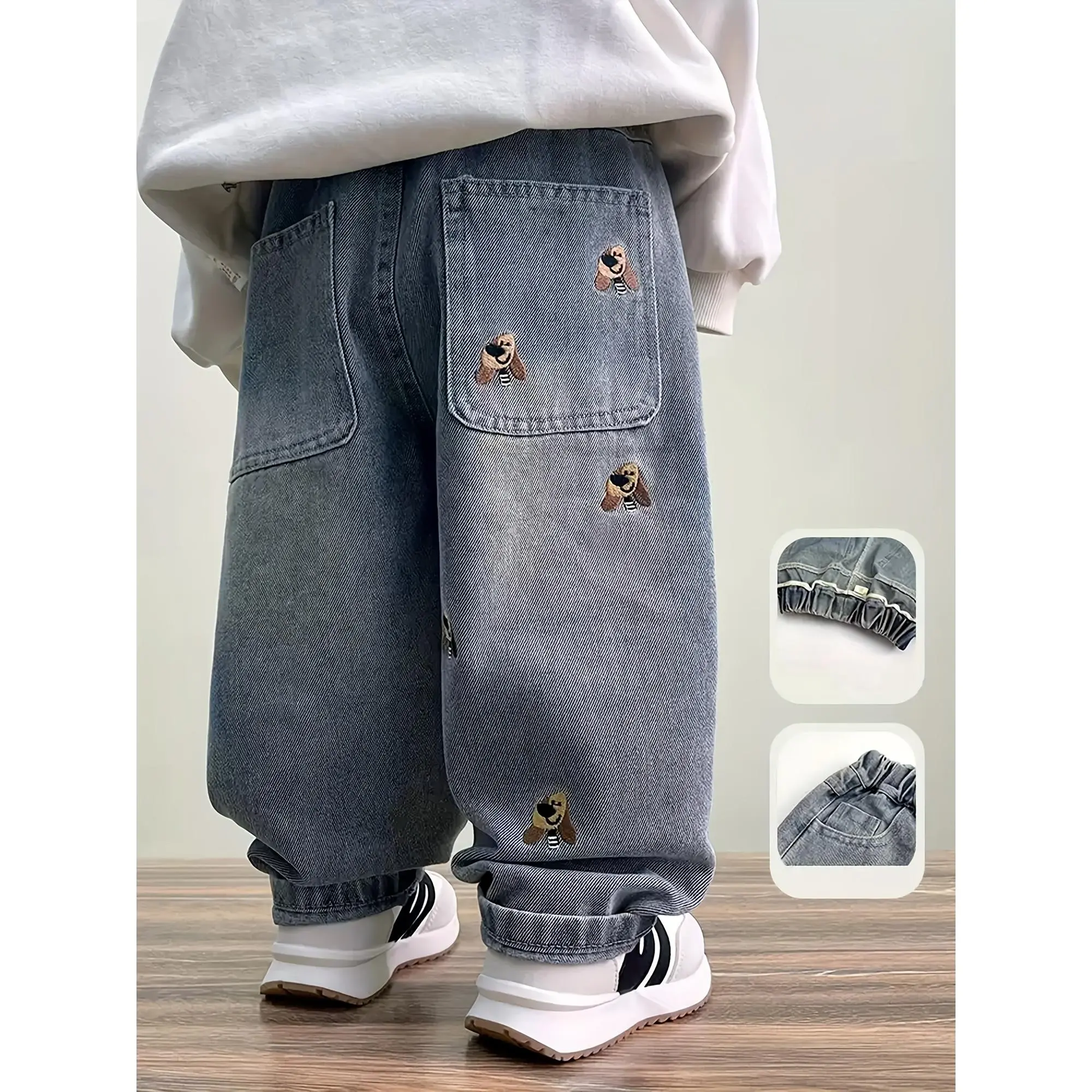 [Denim Jeans] Boys' Jeans - Non-Stretch Denim Pants with Elastic Waistband, Loose Fit Long Formal & Casual Pants for to Early Teens, Machine Washable Everyday & Special Occasion Outfits, Outdoor Activities, Animal Embroidery Design, Comfortable Elastic Wa