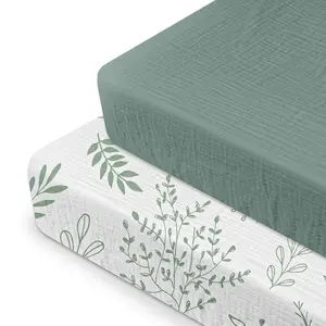 2 Pack Muslin Mini Crib Sheets, Soft Breathable Stretchy, Baby Boy and Girl, Universal Fitted Portable Mattress, Pack N Play