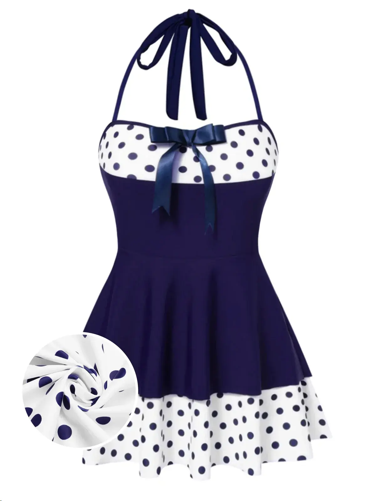 RETRO STAGE Women's Navy Blue 1940s Polka Dot Halter Neck Sleeveless 1-Piece Swim Dress, Plus-Size Curvy Clothing, 4th of July Beach Outfits, 1-Piece Swim Set for Summer Sports & Outdoor Use, One Piece BackToSchool