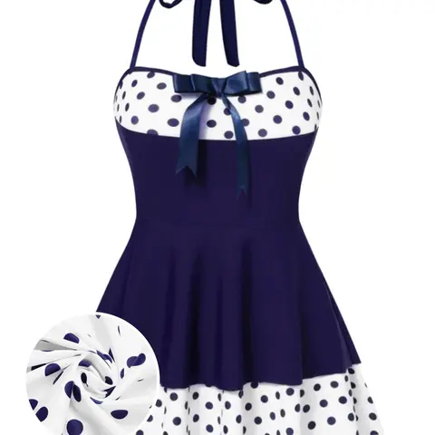 RETRO STAGE Women's Navy Blue 1940s Polka Dot Halter Neck Sleeveless Synthetics 1-Piece Swim Dress - Plus-Size (XXL) Period Swimwear, Swimsuit for Women, 4th of July Beach Use