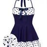RETRO STAGE Women's Navy Blue 1940s Polka Dot Halter Neck Sleeveless Synthetics 1-Piece Swim Dress - Plus-Size (XXL) Period Swimwear, Swimsuit for Women, 4th of July Beach Use