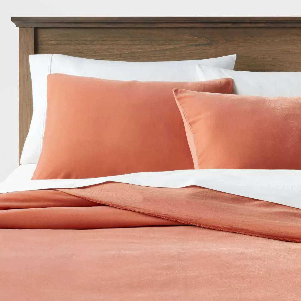 Full/Queen Lustrous Velvet Duvet Cover & Sham Set Terracotta - Threshold