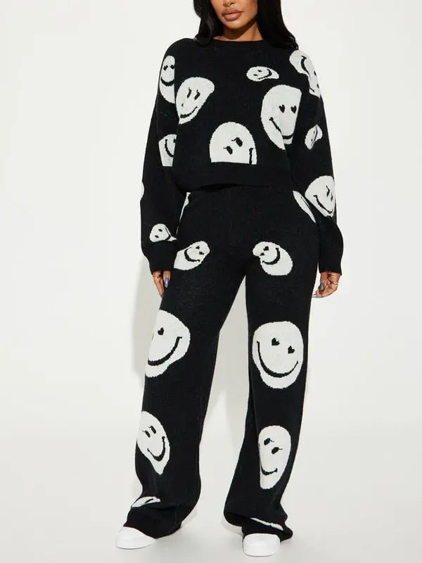 Smile For Me Sweater Pant Set - Black/White, Women's Coordinated Look, Simple & Stylish Design, Wide Leg Pants, Elastic Waistband, Plus Sizes Available - Womenswear, Clothes
