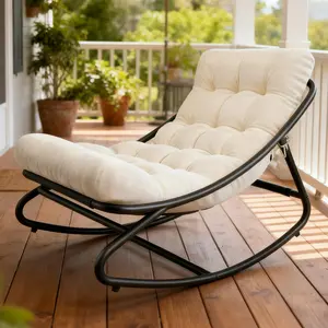 Oversized Papasan Rocking Chair Indoor/Outdoor, Heavy Duty Metal Frame, Thick Waterproof Cushions, All-Weather Patio Lounge for Porch Garden Living Room
