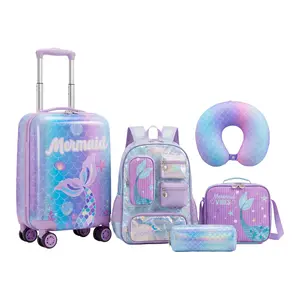 Kids Mermaid 5-Piece Luggage and Backpack Set | 18" Girls Hardside Spinner Suitcase with School Bookbag | Insulated Lunch Box, Travel Neck Pillow & Pencil Case smooth zipper