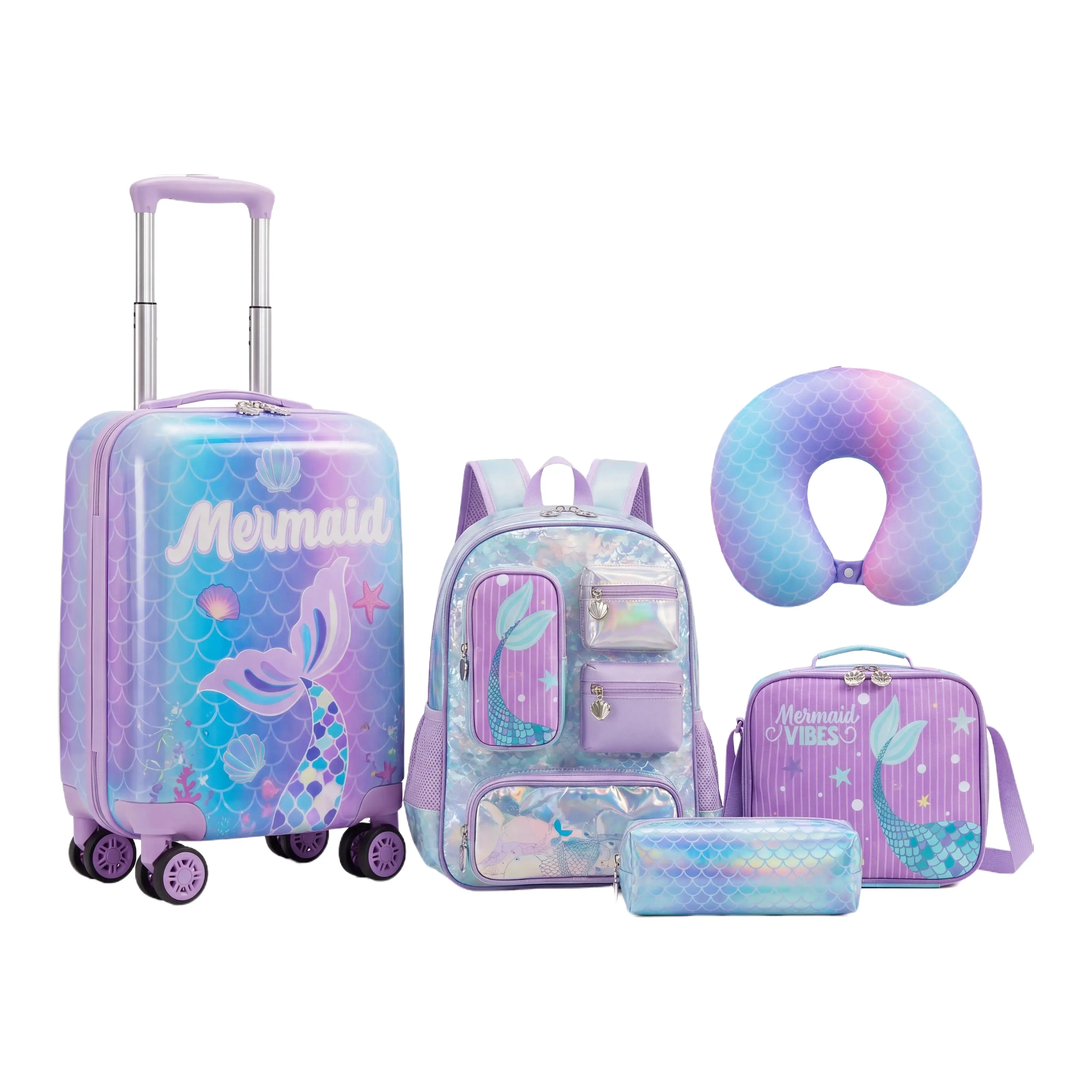 Kids Mermaid 5-Piece Luggage and Backpack Set | 18" Girls Hardside Spinner Suitcase with School Bookbag | Insulated Lunch Box, Travel Neck Pillow & Pencil Case smooth zipper