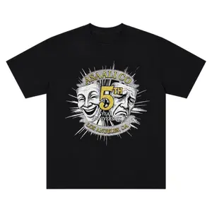 ASAALI 5th Anniversary Classic Cotton Graphic Oversized T-Shirt, Vintage Theatre Mask Streetwear Tee, Unisex Black Men's Short-Sleeve Top