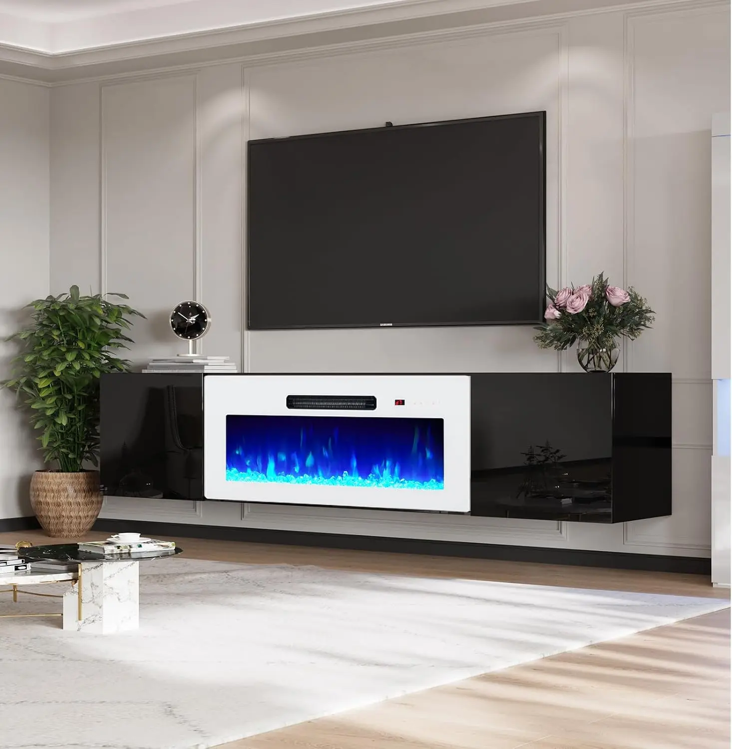 [Ships in 2 Boxes] ALBOTT 68"/80" Floating Wall Mounted TV Stand with Electric Fireplace, High Gloss Finish Entertainment Center with Storage/Best Gift Ideas/Christmas Gifts[tiktokshopbacktoschool][SohoChic]