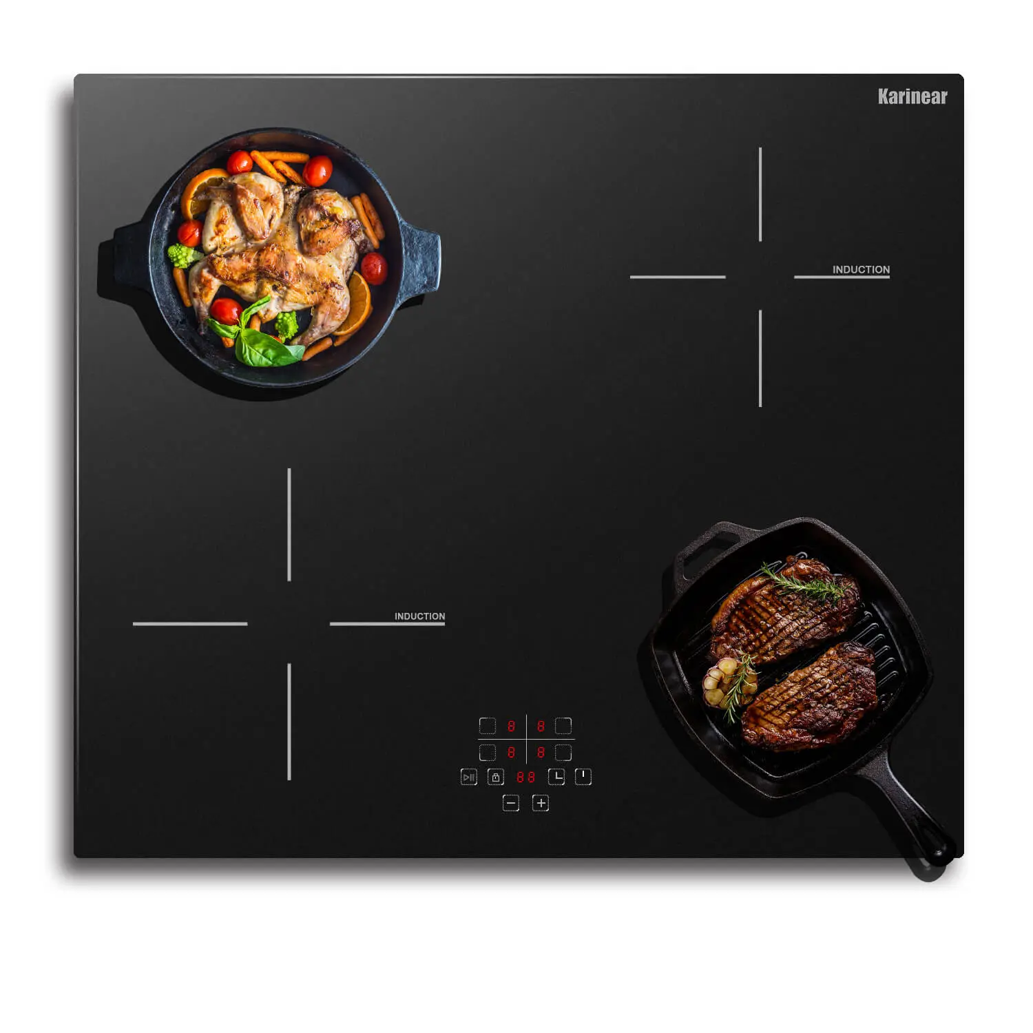 Karinear 24-Inch Hardwired 4-Burner 6600W 220-240V Vitro Glass Induction Cooktop (560*490mm) - Timer, Child Lock, Pause Function, Overheat Protection, Temperature Control, Heat Resistant, Scraper, Modern Kitchen Appliance