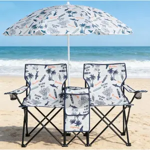 Portable 2-Seat Folding Chair with Removable Umbrella, UV Oxford Steel Outdoor Chair for Fishing Sunbathing Beach, Foldable Camping Chair with Carry Bag for Travel Patio Garden