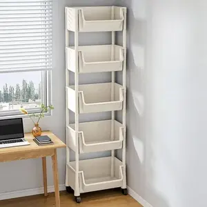 Five-Tier Multi-Functional Plastic Storage Cart with Wheels, Durable Storage, Layered Organizer for Bedroom Kitchen Bathroom Living Room, Portable and Movable