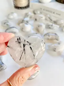 Puffy Heart Carving Large Black Tourmaline Tourmalinated Rutile Rutilated Quartz Crystal Heart Shape 50g 1.8oz 5cm 2in Natural Crystal