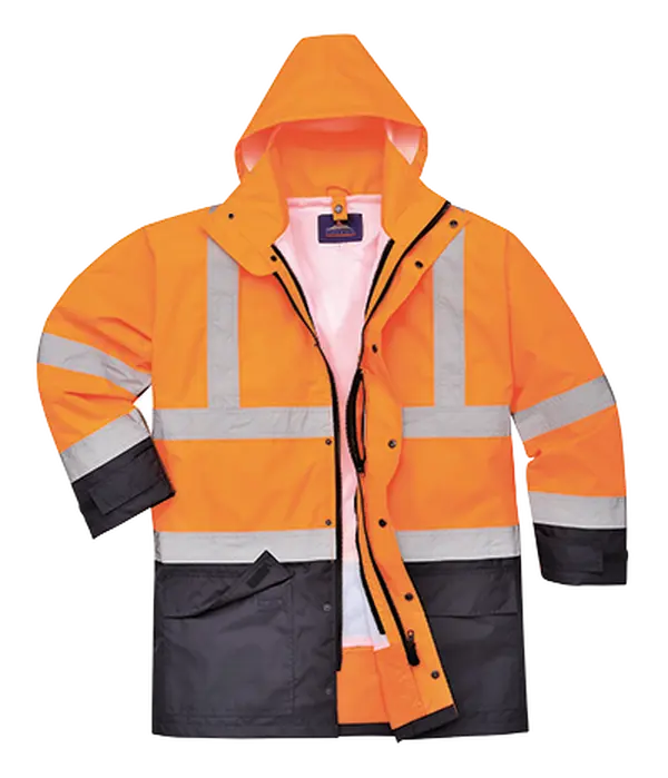 Portwest US768 Medium Hi-Visibility 5-in-1 Waterproof Executive Jacket - Orange & Navy, Regular, 1 cell phone pocket under storm flap, 2 lower front patches, 2" silver reflective tape, adjustable cuffs, 5-way styling