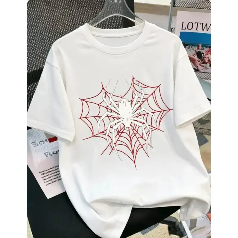 Streetwear Lover Unisex Summer Oversize Cotton Tee White Spider Red Web Dark Punk Print For Grunge Hip Hop Urban Daily Outfits Soft Breathable Heat Transfer Loose Fit