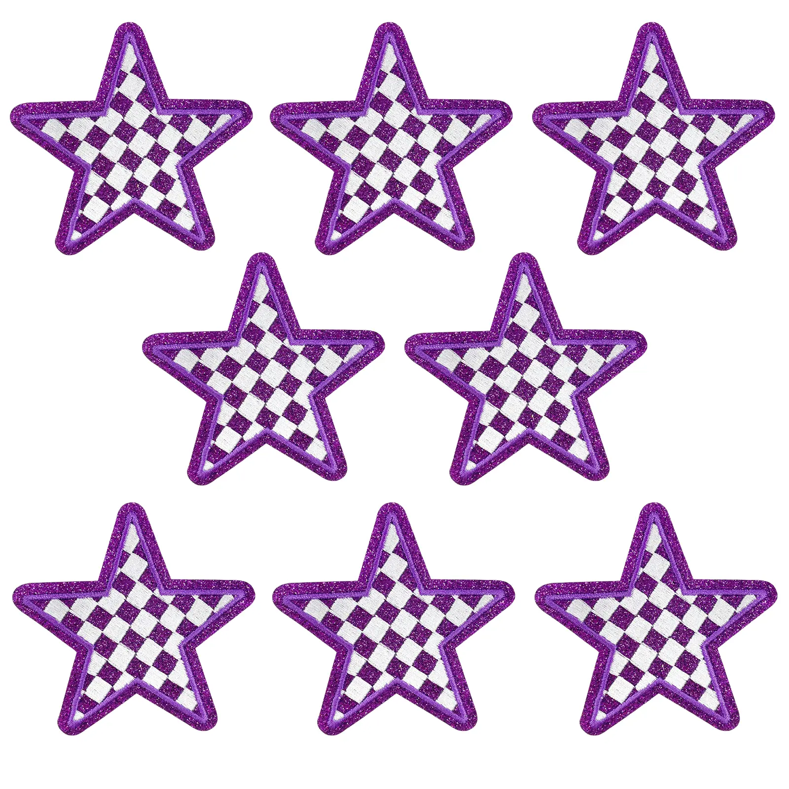 CY Iron On Patches 8PCS Purple Glitter Stars Embroidered Checkerboard Applique Cute Fashion DIY Accessories for Hats Clothing Bag Jacket