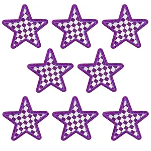 CY Iron On Patches 8PCS Purple Glitter Stars Embroidered Checkerboard Applique Cute Fashion DIY Accessories for Hats Clothing Bag Jacket