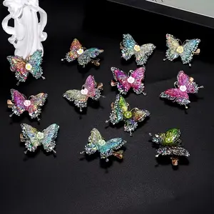 12 pieces of new style luxurious sequined double-layer butterfly-edge duckbill hair clips, Y2K acrylic butterfly hair accessories with small flowers on top (random colors)