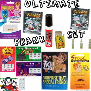 Ultimate Classic Prank Set - 11 Hilarious Gags in One Value Pack Fart Spray Can Glass Stink Vials Fart Bags Fake Lotto Tickets Itching Powder Loads Instant Worms Perfect for Parties Gag Gifts