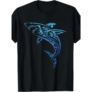 180g Artistic Tribal Shark Hawaiian Polynesian Tattoo Vacation T-Shirt Menswear Top Tshirt Man Streetwear Tropical Crewneck Shortsleeve Casual Shoe y2k  outfits  men time  tee  shirt   Edgy Design Oversize