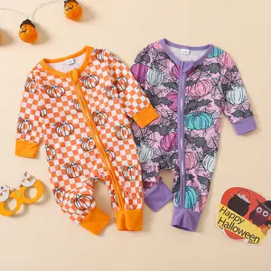 Newborn Baby Girl Boy Halloween Outfit Pumpkin Print Long Sleeve Zipper Romper My First Halloween Outfit