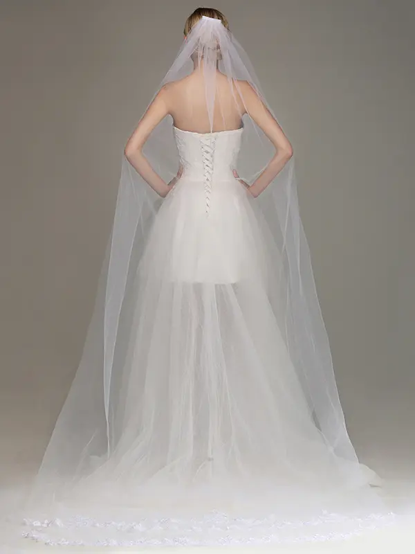 BMbridal One Layer Wedding Veil with Comb Appliqued Cathedral Length Bridal Veil