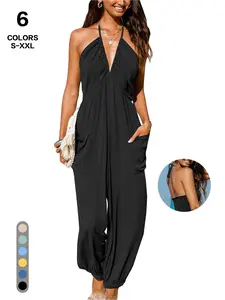 TFNOSIZE Women’s Minimalist V‑Neck Sleeveless Summer Beach Vacation Jumpsuit — Elegant Halter Neck Backless Camisole Style, Casual Sexy Breathable Wide‑Leg Flowy Design, Fashionable One‑Piece