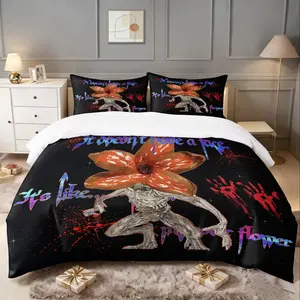 Stranger Things Duvet Cover Set Featuring a Black Background with Demogorgon Character and Creative Typography Including One Duvet Cover and One or Two Pillowcase (without insert) Perfect for Fans of Dark Aesthetics Soft and Stylish Bedding Set