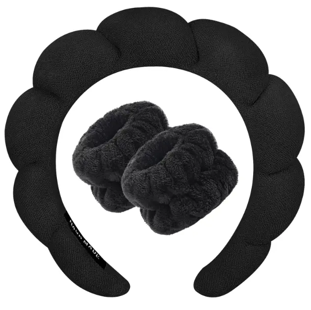 Spa Headband for Women and Girls, Black Puffy Padded Hair Accessory for Skincare, Makeup and Washing Face