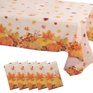 5-Pack Plastic Tablecloths Orange Thanksgiving Rectangle with Fall Leaves Pumpkin Print - Festive PVC Disposable Table Covers 54"x108"