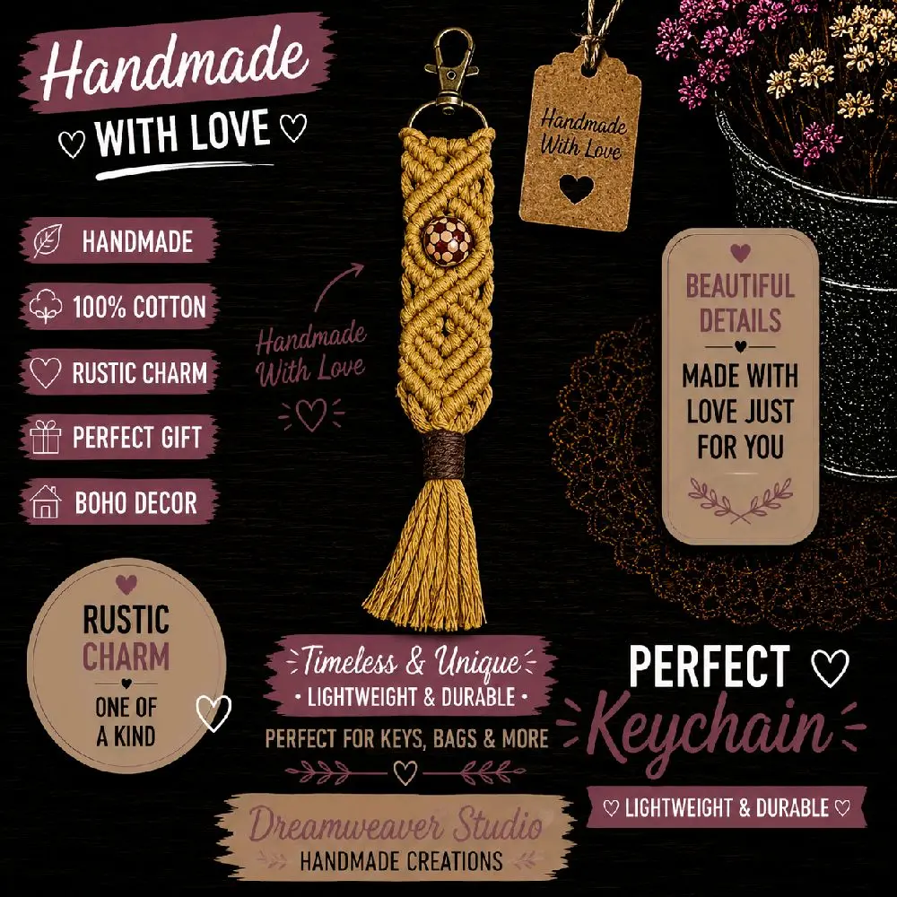 Handmade Macramé Tassel Keychain | Boho Cotton Key Fob with Decorative Bead | Rustic Bag Charm | 9 Inch Handmade Gift