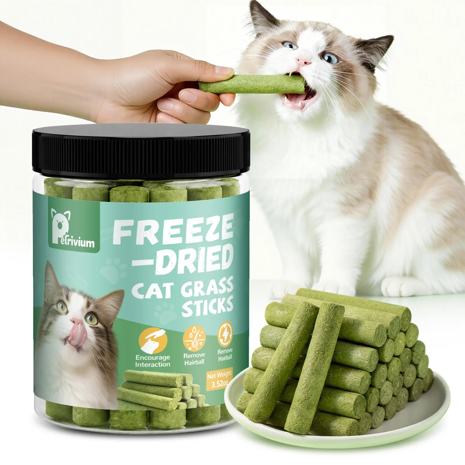 Petrivium 100g Freeze Dried Cat Grass Sticks, Dental Chew Treats for Indoor Kittens - Teeth Cleaning, Hairball Removal Cat Supplies