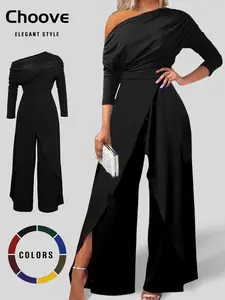Plain Ruched Wrap Split Hem Jumpsuit for Women, Chic Fit Modern   Elegant Wide Leg Jumpsuit for Dating Daily Wear, Overalls for Women, Ladies Clothes for All Seasons, Clothing, Womenswear, Jumpsuitwomen