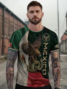 Mexico Flag Eagle Serpent Aztec Cultural Heritage National Pride Identity Menswear Shirt, Fitted Short Sleeve Casual Top, All Seasons Wear, Distinctive Man